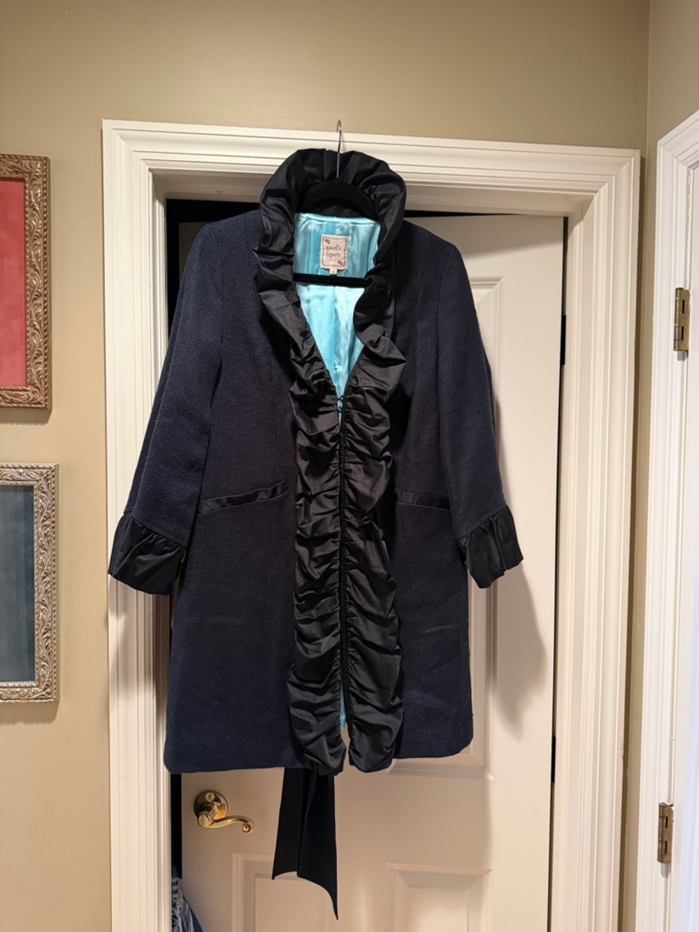 Vintage Nanette Lepore Black Lien Ruffle-Front Trench Coat with Satin Trim